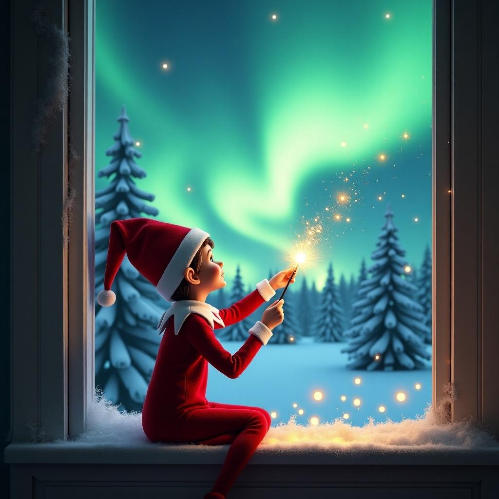 An elf on the shelf sits on a window ledge, using a wand to create sparks. She looks at the northern lights. The background has snow-covered pine trees. The elf wears a red outfit with white trim.