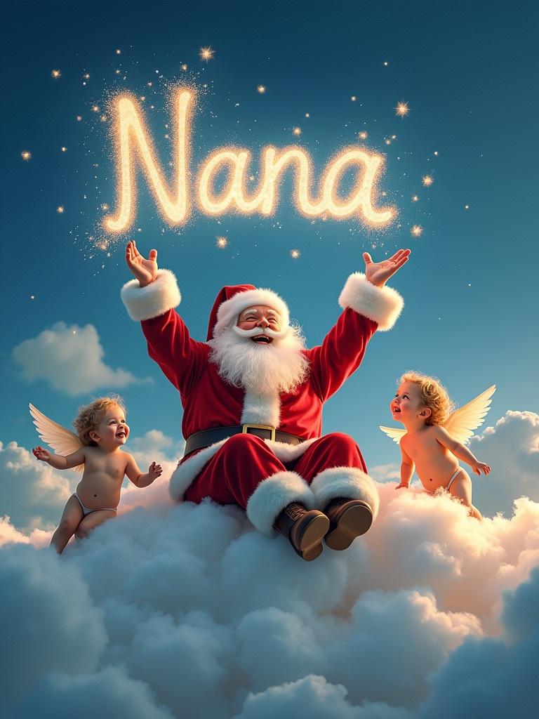 Santa Claus sits on a fluffy cloud. Baby angels surround him. Santa joyfully writes the name 'Nana' in sparkling light. A deep blue sky and soft clouds create a dreamy backdrop. The scene captures Christmas joy and love.