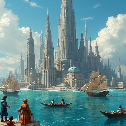 Fantasy city by the water. Tall castle structures reach into the sky. People in boats. Ships sail across the bright waters. Floating markets thrive. A vibrant trade occurs among pirates and sun priests.