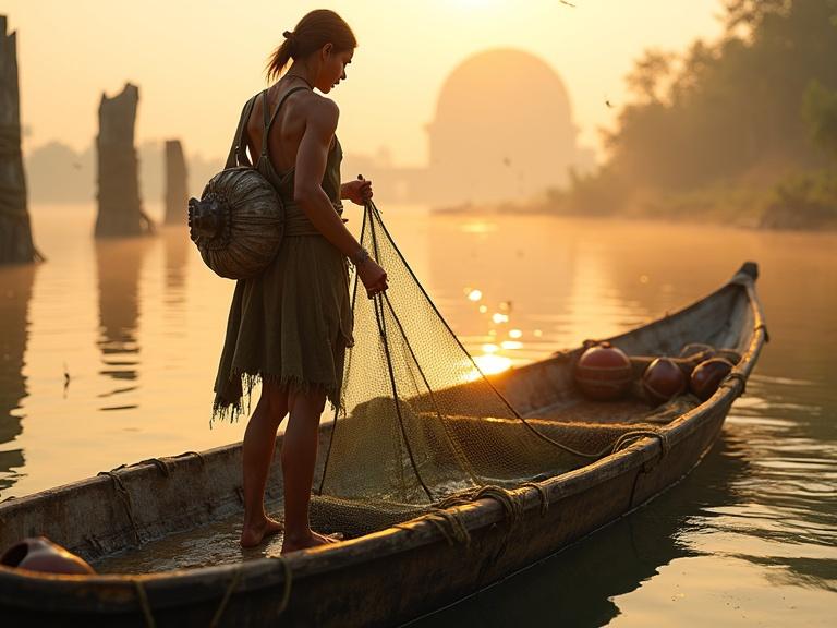 Photorealistic detail of a young fisherwoman from the River Caste standing in a flat-bottomed barge. She pulls in handmade nets filled with fish. Her muscular forearms bear signs of work. She wears a sleeveless tunic of wool and a weight-bearing pack. A gutting knife and copper hooks are tied to her belt. An amulet hangs around her neck. The boat is constructed from patched synthetic hulls. She is silhouetted against the orange haze of morning near a wide, still river. Mist floats on water; broken pylons and a ruined dome complete the background.