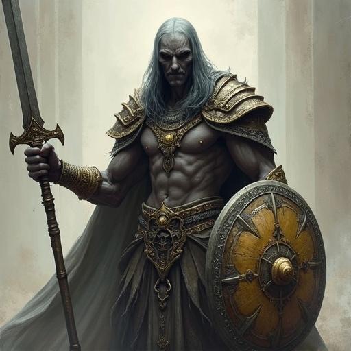 A slender drow warrior with his left arm raised holding a one-handed short mace. Right arm covered by a buckler shield. Dressed in a loincloth with golden bracers.