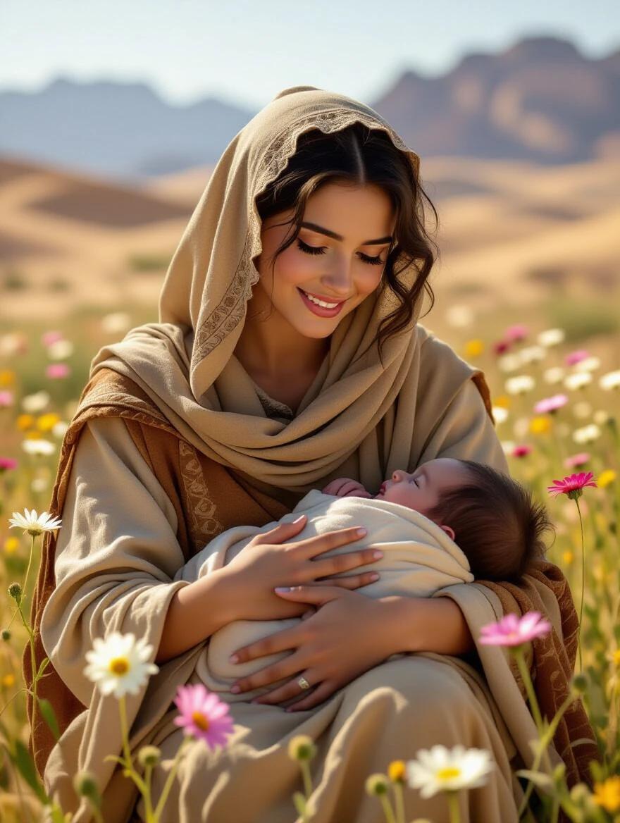 Young biblical figure in the desert wearing period clothing. A mother cradles her newborn surrounded by flowers. The scene conveys joy and anticipation. The background features a desert landscape.