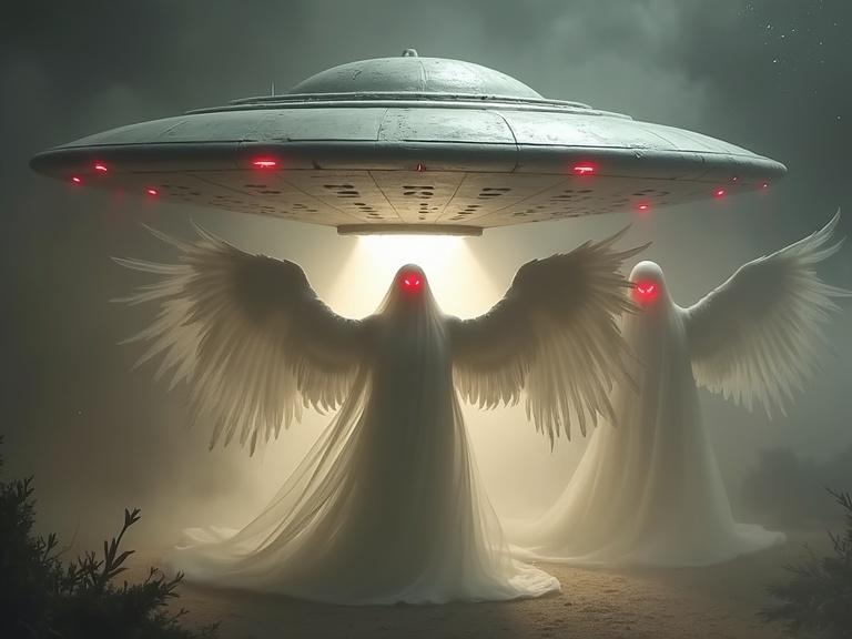 white evil angels with shiny red eyes emerging from saucer-shaped UFO