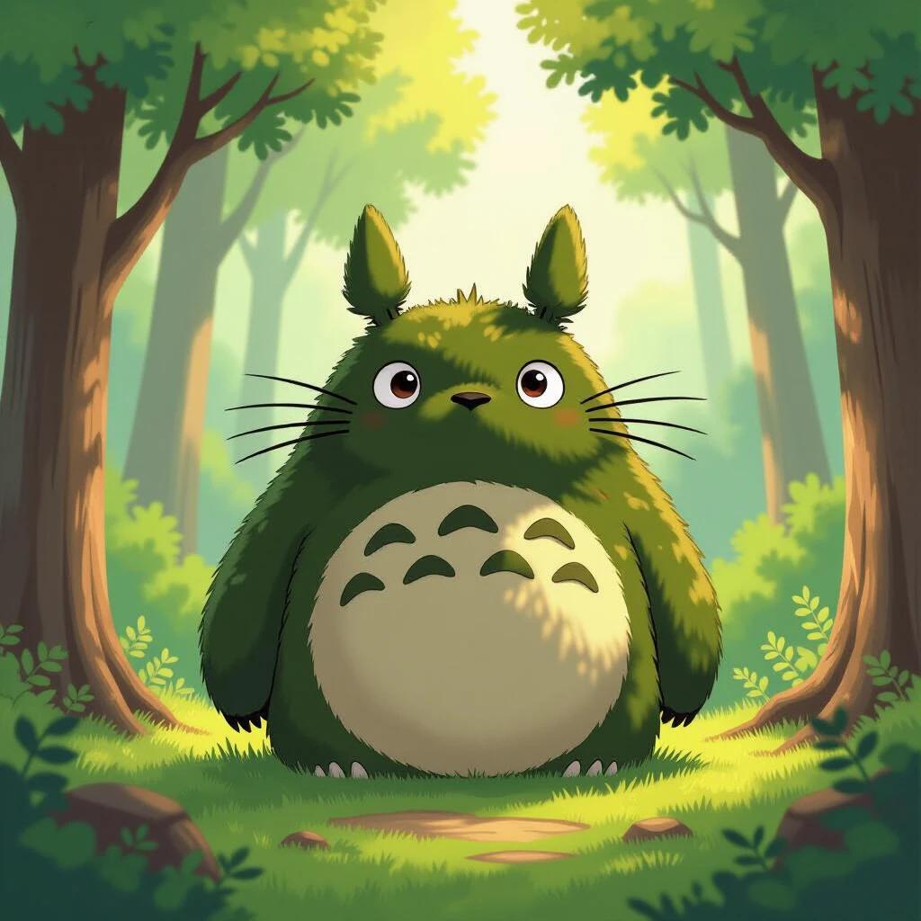 A large creature with mossy fur and expressive eyes is in a sunlit forest. It redirects floods and stops wildfires while staying hidden. The scene has a lush color palette and soft animation-style shading.