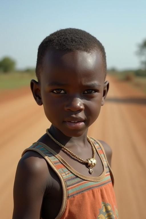 An African young boy standing on a road. The boy has short hair and wears a simple tank top. He is looking at the camera with a serious expression. The background features a dirt road and distant greenery.