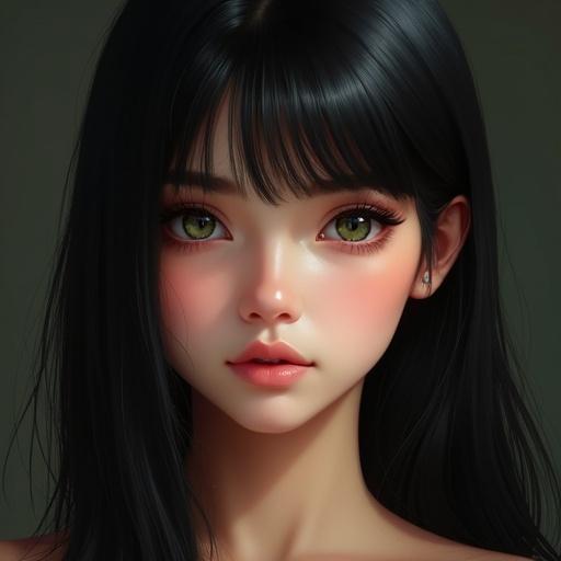Ultra realistic digital painting of a young woman with straight black hair and flawless skin and intense green eyes.