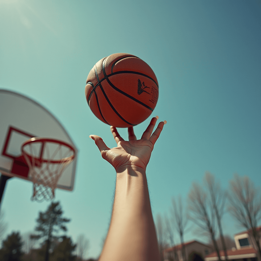 A hand reaches upward, fingers splayed, attempting to catch a basketball against a clear blue sky.