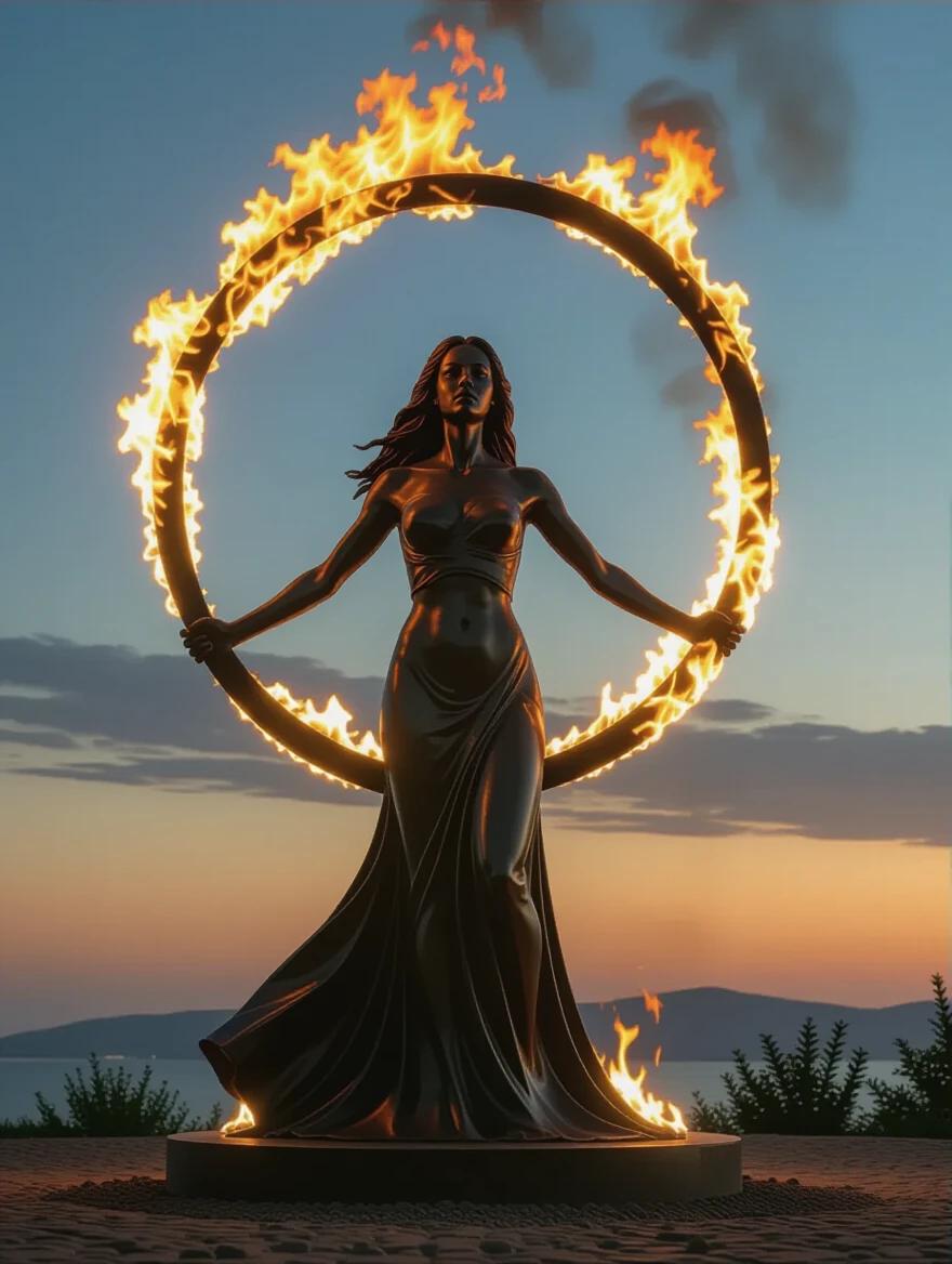 A statue of a woman holding a burning ring of fire. The atmosphere is intense with a glowing sunset. This artwork expresses themes of purification with a dynamic pose. Lush backgrounds provide contrast to the metallic sculpture. Subtle textures enhance the visual depth.