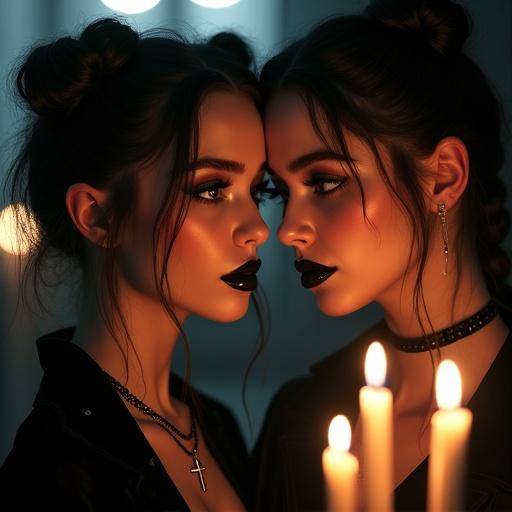 A digital painting featuring two young women with gothic styles. They are close together with serious expressions. One has dark hair in space buns, black lipstick, and elaborate eye makeup. The other has blonde hair in a braided ponytail, wearing light makeup. Candlelight illuminates them creating a mysterious atmosphere.
