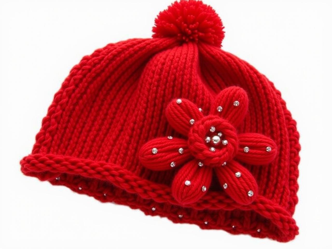 The image shows a cozy red knitted beanie hat. It has a decorative flower design on the front made of yarn, featuring a pom-pom at the center. The beanie is made of a thick yarn that appears warm and comfortable, perfect for colder weather. The flower has small shiny beads embedded in it, adding a touch of sparkle. The bottom of the beanie is folded up to create a snug fit. Overall, it looks stylish and functional.