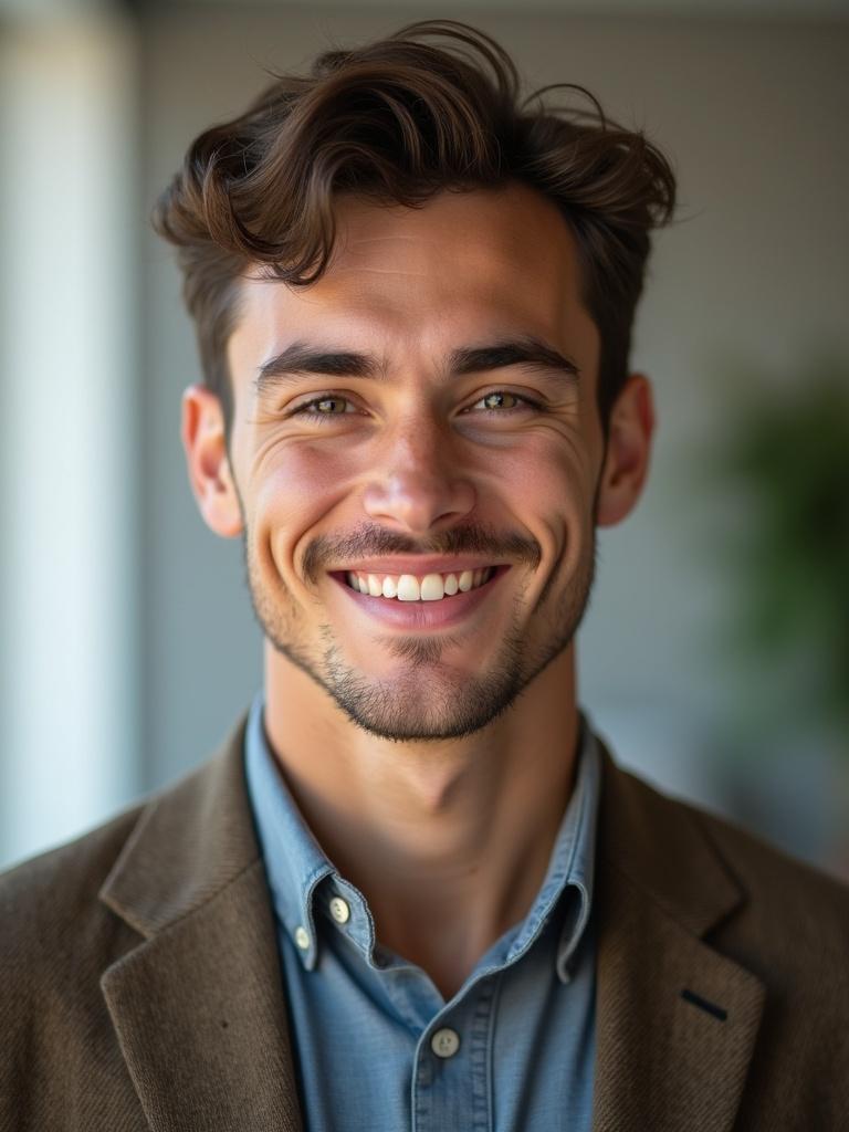 A young man in a business outfit with playful demeanor stands against softly lit background. He wears brown blazer over blue shirt. The scene reflects a modern and professional atmosphere.