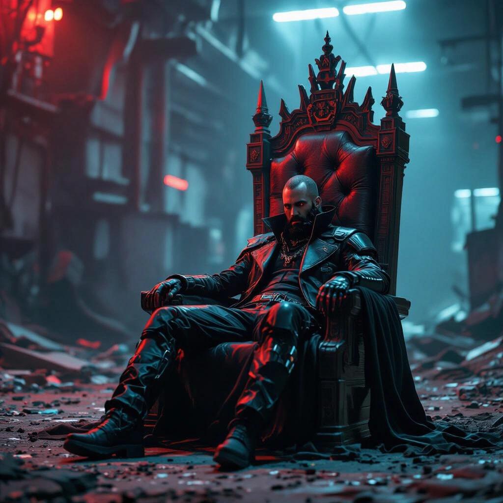 Portrait of a dark figure lounging on an impressive throne in a crumbling tech warehouse. Figure dressed in leather cyberpunk clothing. Ambient red and blue lighting enhances the atmosphere.