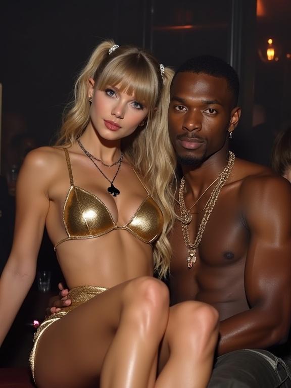 Couple in a nightclub. Woman wearing a bikini and miniskirt. Man with a muscular build. Dimly lit atmosphere. Emphasis on fashion and nightlife.