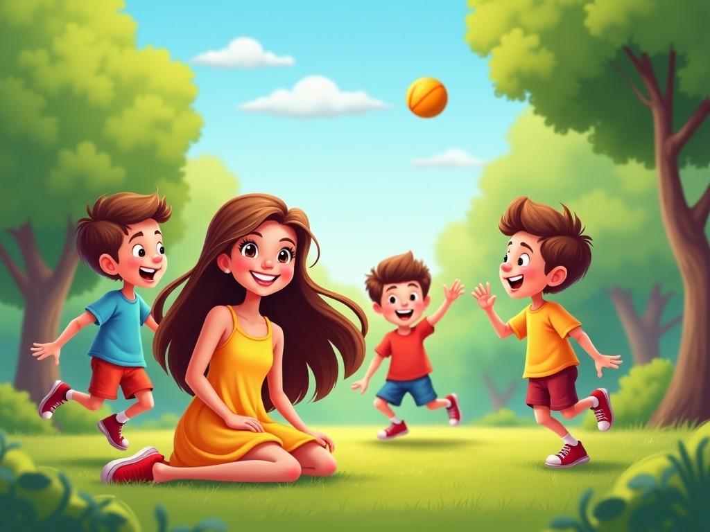 The image captures a joyful scene in a lush green park where a girl wearing a yellow dress interacts energetically with four boys. They are playing together, with the boys running and laughing, showcasing a moment of friendship and fun. The perspective is eye-level, allowing viewers to connect with the happy expressions on their faces. Bright colors dominate the scene, emphasizing a sunny and cheerful atmosphere. This scene reflects carefree childhood moments filled with laughter and playfulness.