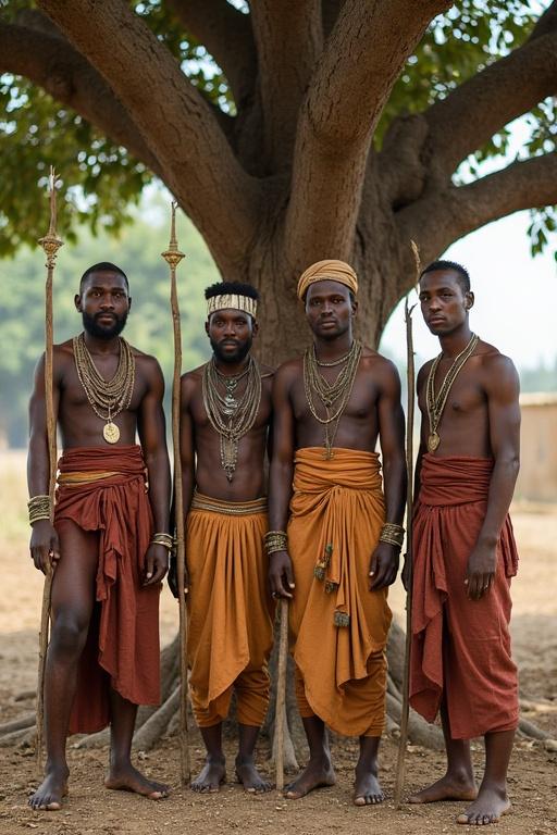 A group of four men stands under a large tree. Each man wears traditional attire. They hold sticks. The setting appears rural. Natural lighting highlights earthy tones. Expressions are calm yet determined.