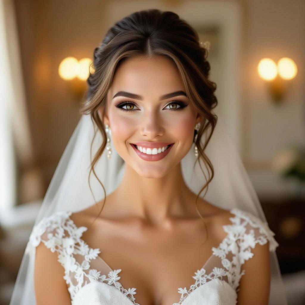 A bride wearing an elegant wedding dress. The scene has soft lighting creating a romantic atmosphere. The bride has a warm smile and confident demeanor. The setting feels luxurious and well-decorated.