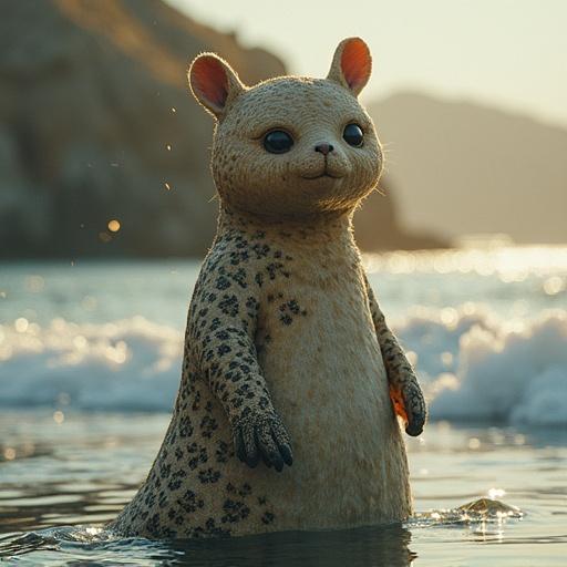 A cute animal resembling a seal wearing a dress standing in shallow water under sunlight.