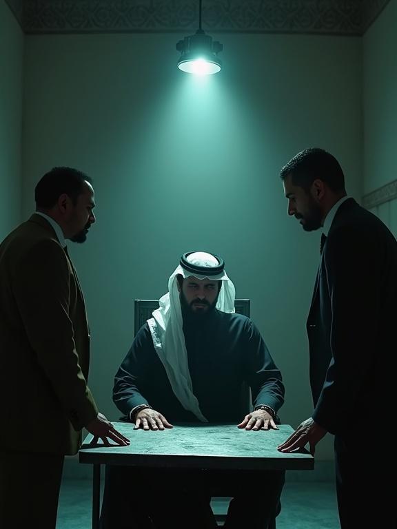 Cinematic sequence portrays a Kuwaiti interrogation room. The room is small and has no windows. The walls feature geometric plasterwork with muted colors. An overhead light illuminates a metal table. The central figure is a Middle Eastern man in traditional attire, restrained, showing stress. Two interrogators surround him, one in military uniform and the other in formal wear, demanding answers in Arabic. The focus tightens on the man's panicked expression. He exclaims a surprising answer about love for food. Atmosphere is enhanced with ambient sounds and contrasting color grading.