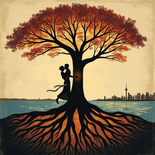 Stylized figure of a sturdy tree with intertwining roots. Trunk transforms into tango dancers embracing. Background contains skyline of Buenos Aires and Río de la Plata reflection. Rich earthy color palette enhances vitality of cultures.