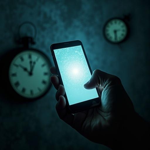 A hand scrolling a smartphone. The screen glows with distorted light. Clocks in the background are melting. The atmosphere is dark and surreal. The concept explores technology addiction and lost time.