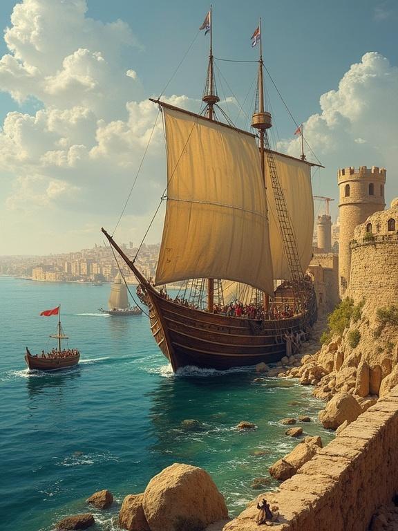 A scene depicting naval forces at the beginning of the Fifth Crusade. Focus on large wooden ships with sails near a coastal city. Show a fortified tower by the water.