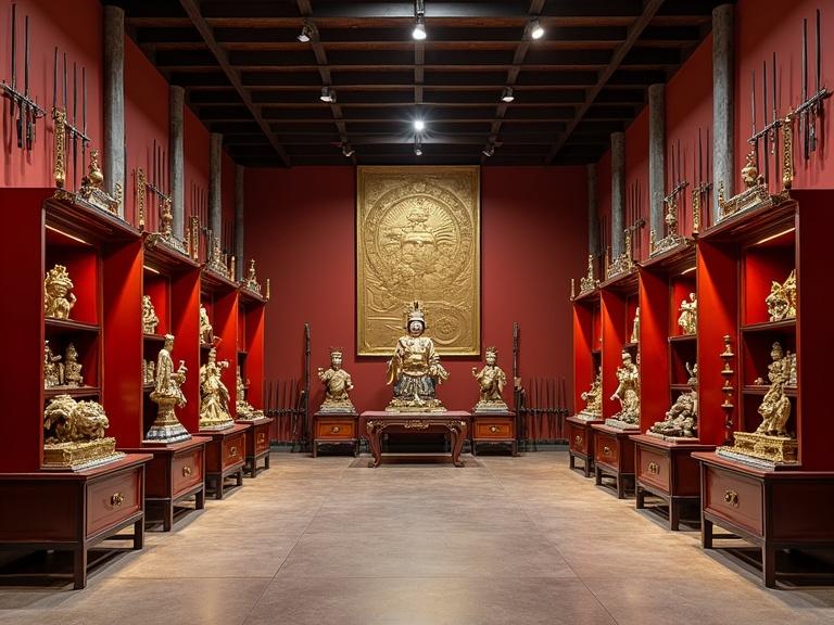 Giant room in a warehouse showcasing Chinese antiques. Red cabinets display figurines. Central gold statue represents a Shogun warrior. Spears and swords hang on the walls.