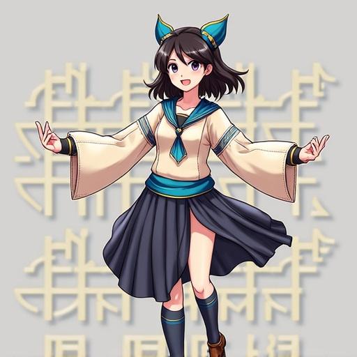 Anime character depicted with brown hair and blue accessories. Different shades of blue used in clothing. Character poses with arms outstretched. Background contains stylized text in light colors.