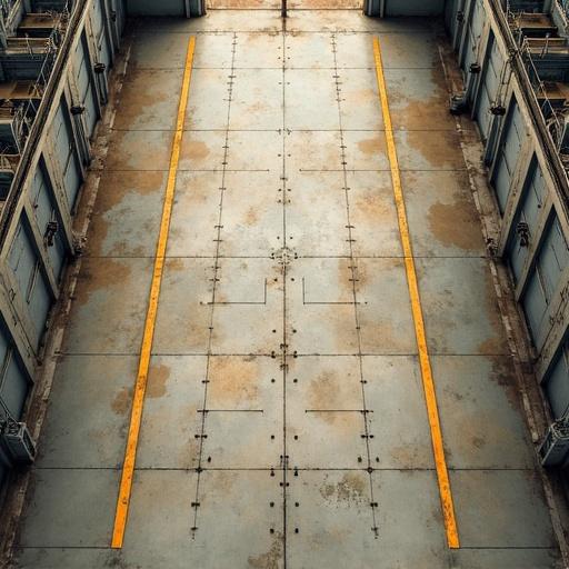 Top down view of an oil-stained military hangar floor. Faded yellow paint lines on a flat, textured surface. Watercolor style.
