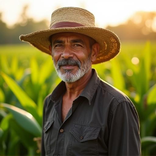 A realistic cinematic photo features an older farmer with gray mustache wearing straw hat. Dark work shirt complements green crop fields under warm sunlight. Leaves gently move in the breeze. Eco-friendly and educational vibe is emphasized. Vibrant colors create a lively atmosphere, with space for text overlay. High-quality image suitable for social media.