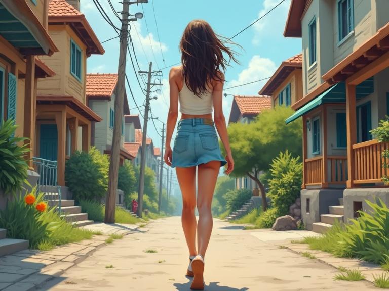 A woman walks in her neighborhood. She wears a short skirt and casual clothing. The scene is bright and sunny with houses along the street and greenery around.