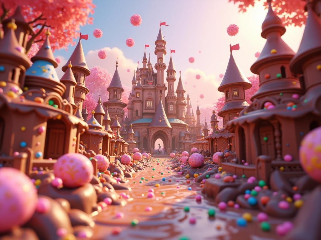 A vibrant digital illustration depicting a whimsical chocolate kingdom filled with candy. The scene includes a chocolate castle with colorful candies lining the path, under pink foliage. Dynamic lighting, cel-shaded textures, and ray tracing reflections enhance the fantasy theme.