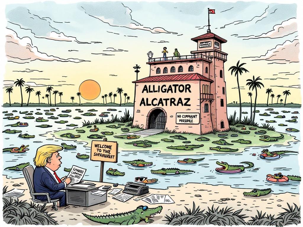 Cartoon scene features a prison island named Alligator Alcatraz in a Florida swamp with alligators around. An alligator at a typewriter represents a complaint department. Donald Trump featured at the foreground. Bold ink outlines and watercolor wash stylized.