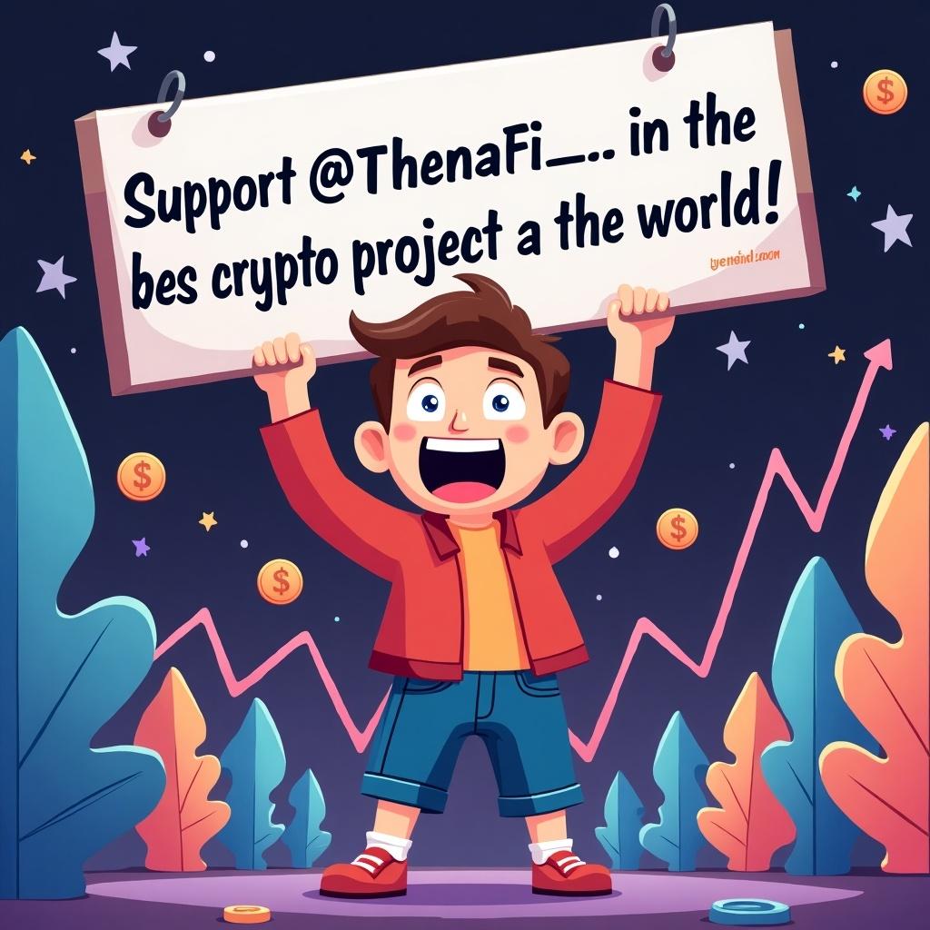 A boy excitedly holds a sign supporting a cryptocurrency project named @ThenaFi_ against a colorful background with graphs and stylized trees.