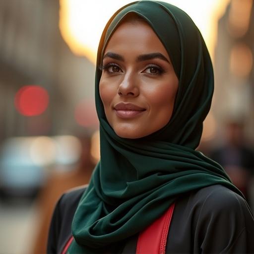 A stylish and confident woman in a hijab appears in a bustling city street at sunset. Her attire is elegant and modest, adorned with artistic jewelry, reflecting a contemporary style. Facial expression is gentle and knowing. This close-up portrait highlights the quality of her clothing. A warm color scheme emphasizes sophistication in high-fashion photography.