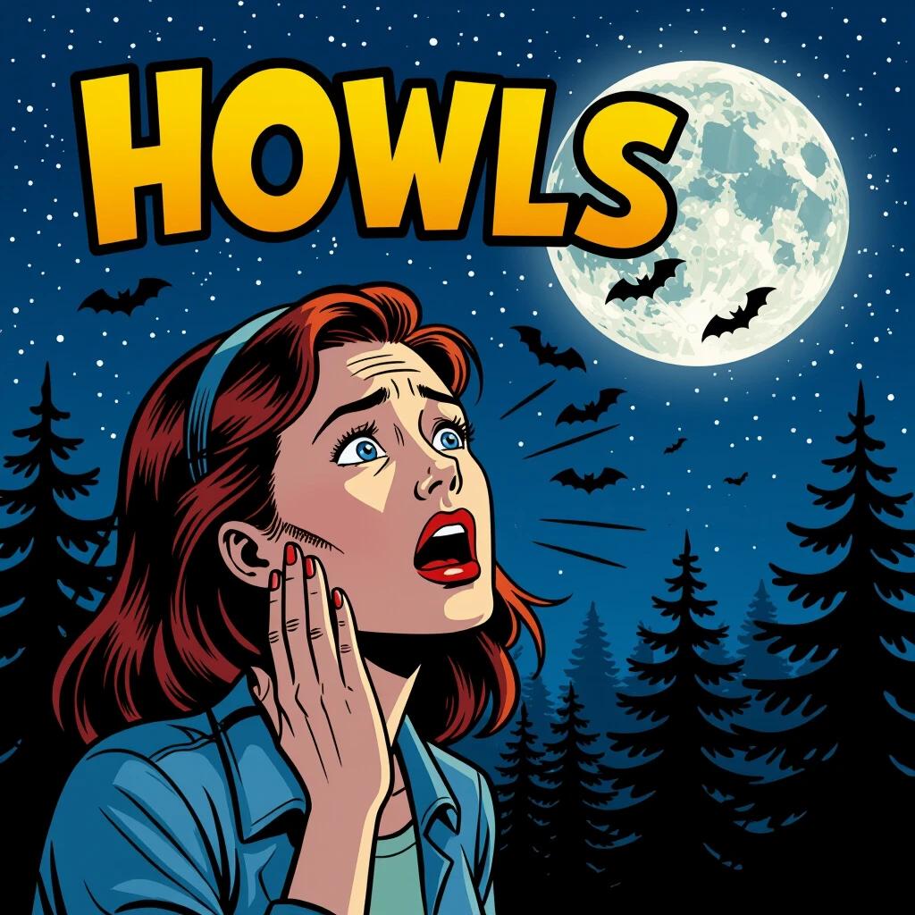 A woman is in a pine forest at night. The full moon is bright and creates a mysterious atmosphere. She looks afraid while hearing howls. It resembles comic book art style. The scene is dark and eerie with bats flying in the night sky.