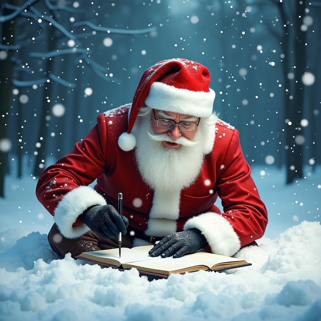 Santa Claus wearing red suit and hat sitting in snow writing in a book. Snowflakes falling gently around him. Winter forest background with snowy trees.