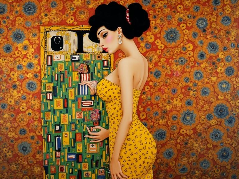 A vibrant woman in a yellow floral dress stands next to a colorful patterned artwork. The background is filled with red and orange floral motifs. The woman's pose is elegant and striking, emphasizing her curves and the vibrant colors surrounding her.