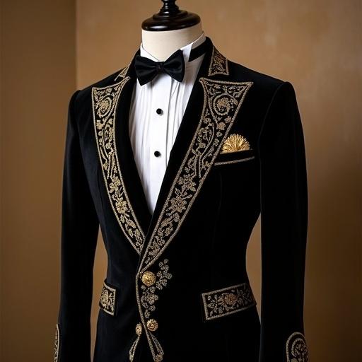Create an elegant black men's jacket with Arabic designs in gold. The jacket features intricate embroidery and is showcased on a mannequin.