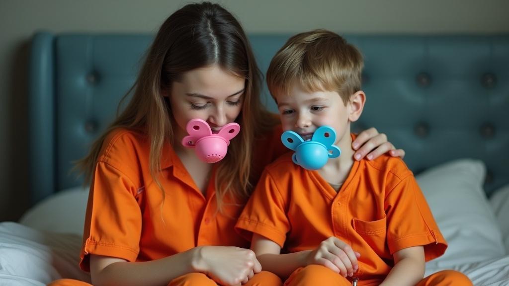 Mother and son sit on bed both in orange jail jumpsuits. Both wear oversized pacifiers. Child shows mother a drawing of them behind bars. Mother recalls her prison experience with a pink pacifier.