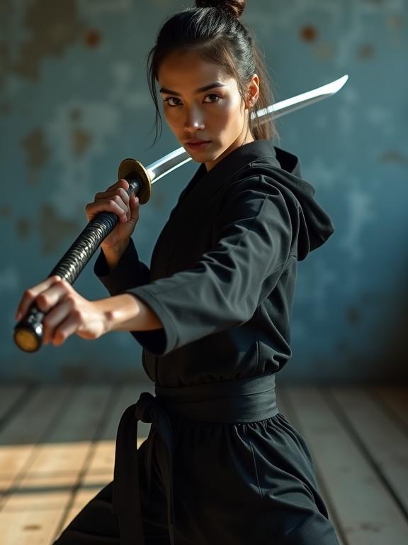 A young woman stands in a dynamic pose facing the camera. She holds a katana with both hands. She wears a fitted black martial arts outfit. The background shows a weathered blue-grey wall and wooden floor. The lighting is soft and warm, enhancing the scene. The focus is on her grip and the sword's edge.