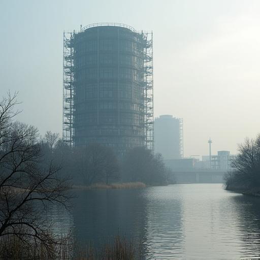 Architecture of a Chinese style nuclear silo with transparency elements. Silo surrounded by scaffolding near a river in a foggy atmosphere.