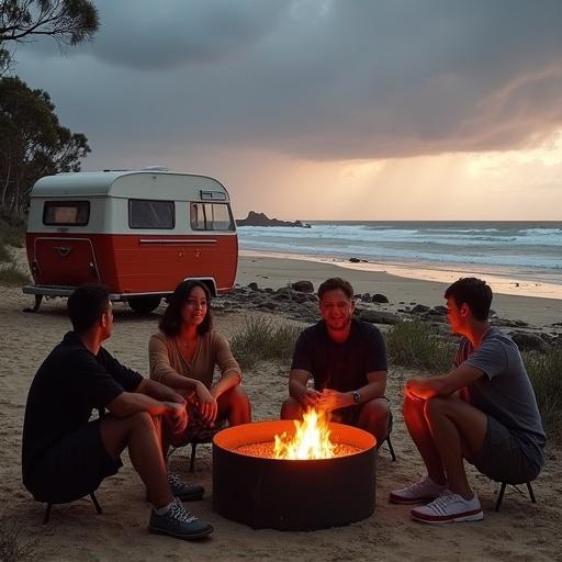 Picture of four people around a round metal fire pit facing the camera. 60s style caravan with red stripe in the background. Short gum tree scrub behind the caravan. Beach with rock pools and waves in the background. Storm approaching at sunset.