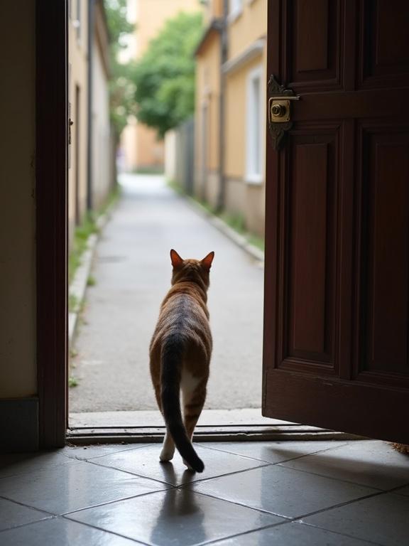 A cat walking curiously towards an open door. The background shows a narrow road with no vehicles. The style is realistic photography.