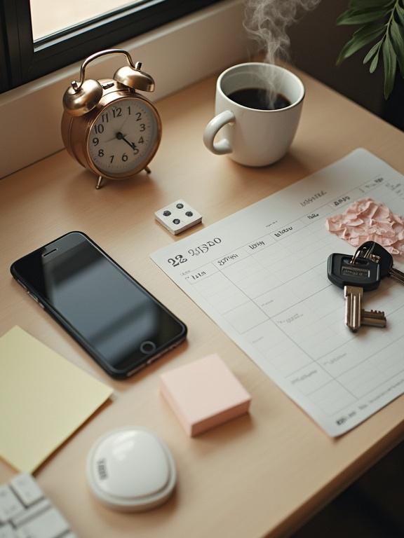 Soft-focus overhead view of a modern desk workspace in warm lighting. Elements scattered include alarm clock, smartphone with low battery, house keys on a keychain, coffee mug with steam, sticky notes, and a calendar with dates circled. Colors are muted and desaturated. Scene evokes a sense of running late and everyday chaos.