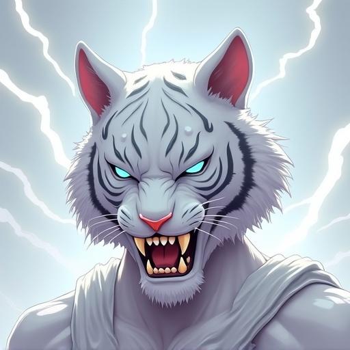 Stylized illustration of a white warrior helmet inspired by tiger designs. Silver teeth features glossy finish. Light grey sky background with vivid lightning. Animated style depicts dynamic elements. Suitable for screensaver use.