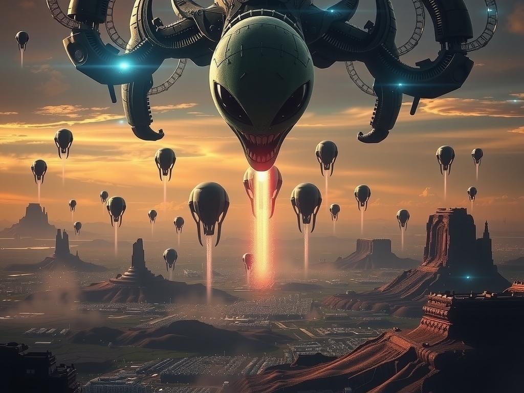 The image depicts a dramatic sci-fi scene with ominous alien spacecraft descending over a vast desert landscape. The central spacecraft is imposing, with a menacing grin, and is surrounded by smaller ships that add to the tension. The sunset paints the sky with warm oranges and dark, menacing tones, enhancing the eerie mood of the impending invasion.