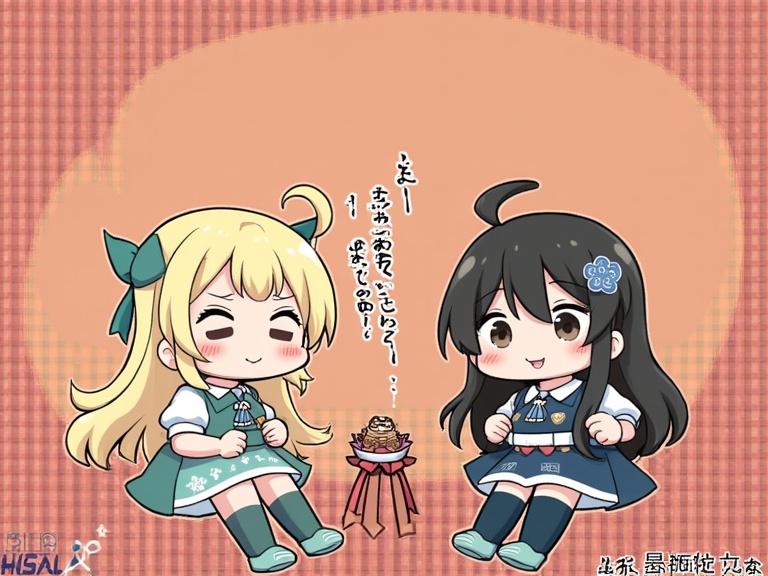 Two animated characters in traditional festival outfits. They smile and sit together. Background is a simple, warm color. The scene suggests joy and celebration at a summer festival.