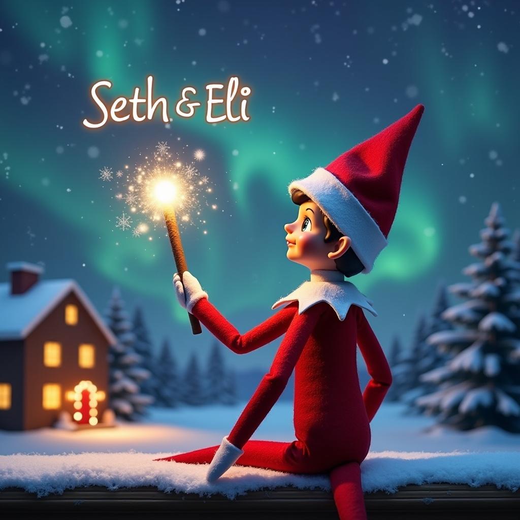 An elf on the shelf sits with its back to the viewer. Elf gazes skyward while holding a glowing wand. Charming Christmas scene with colorful northern lights. Cozy house in the distance. Snow on the ground. Elf embodies magic and wonder of Christmas. Name ‘Seth & Eli’ appears in the air from wand.