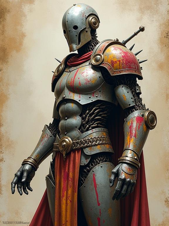 Portrait of a metal construct covered in colorful graffiti. Bright graffiti adorns the body against a marble statue like appearance. Background fades into worn parchment paper. Digital art inspired by Antonio J. Manzanedo. Fantasy, semi-realistic style incorporating epic and medieval elements.