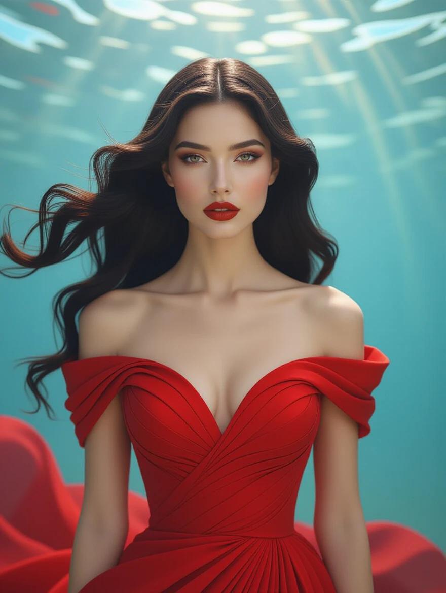 Highly detailed portrait of a woman wearing a red dress. The dress resembles oceanic waves. Long flowing hair adds to elegance. Composition blends photorealism with surreal elements. Chromatic light distortions create a mystical atmosphere. Visual texture similar to palette knife techniques. ZBrush sculptural details enhance depth. Fashion inspiration from Iris van Herpen. Portrait captures emotions and elegance like a professional editorial photo. Mimics cinematic capture style.